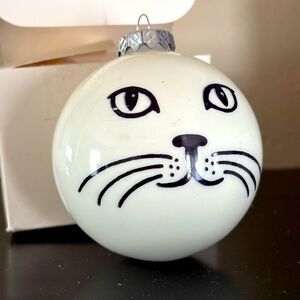 Bronners ornament. Glass ball. Cat face. White. Original box.